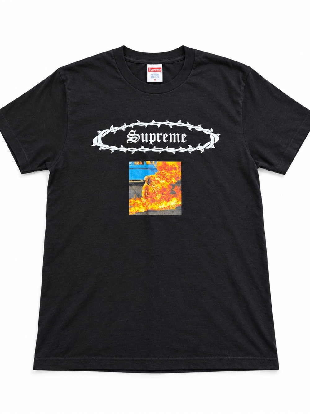 Supreme Black Tee with White Logo and Flame Graphic